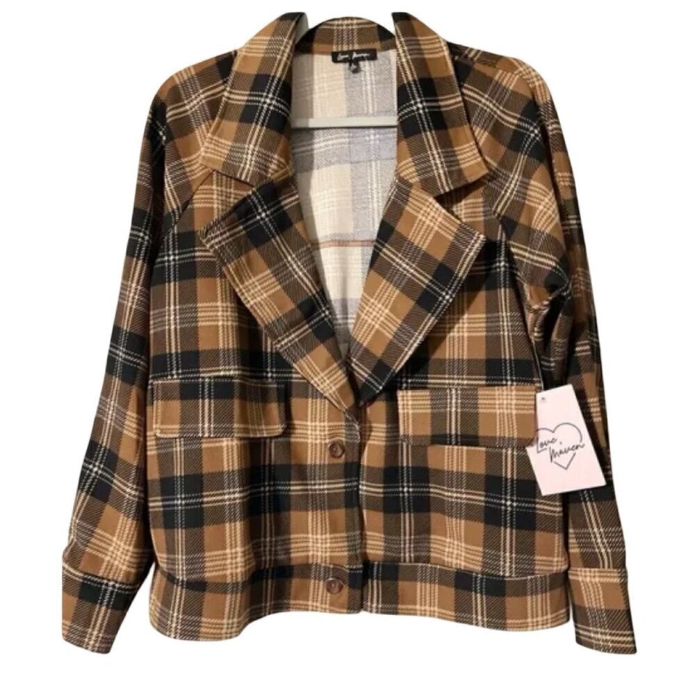 Love Maven Size Large Brown Plaid Front Button Blazer. New With Tags.
